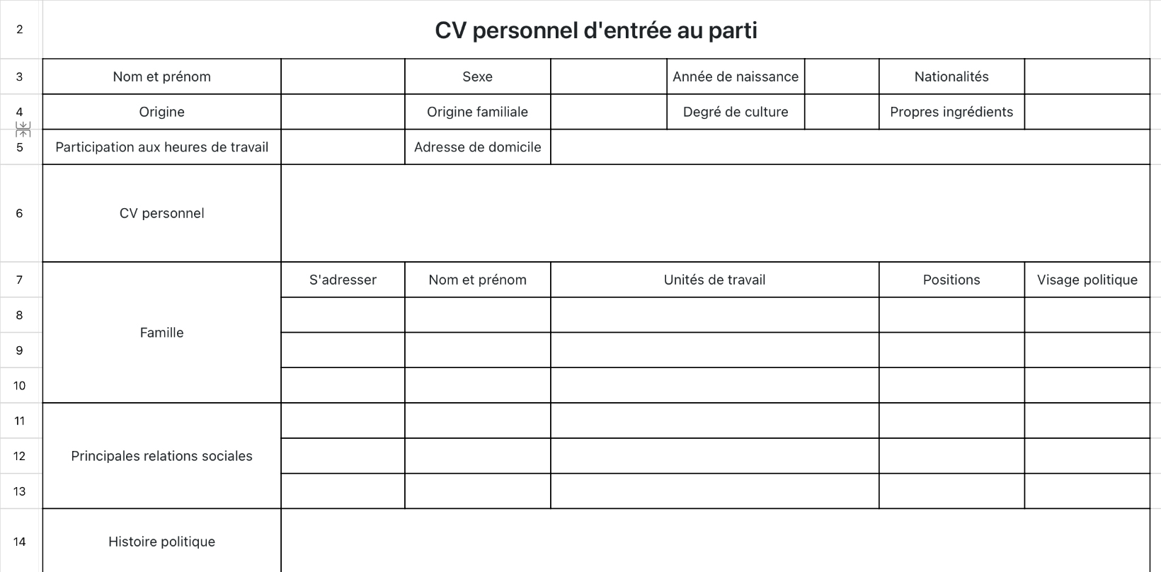 CV personnel d'entrée au parti